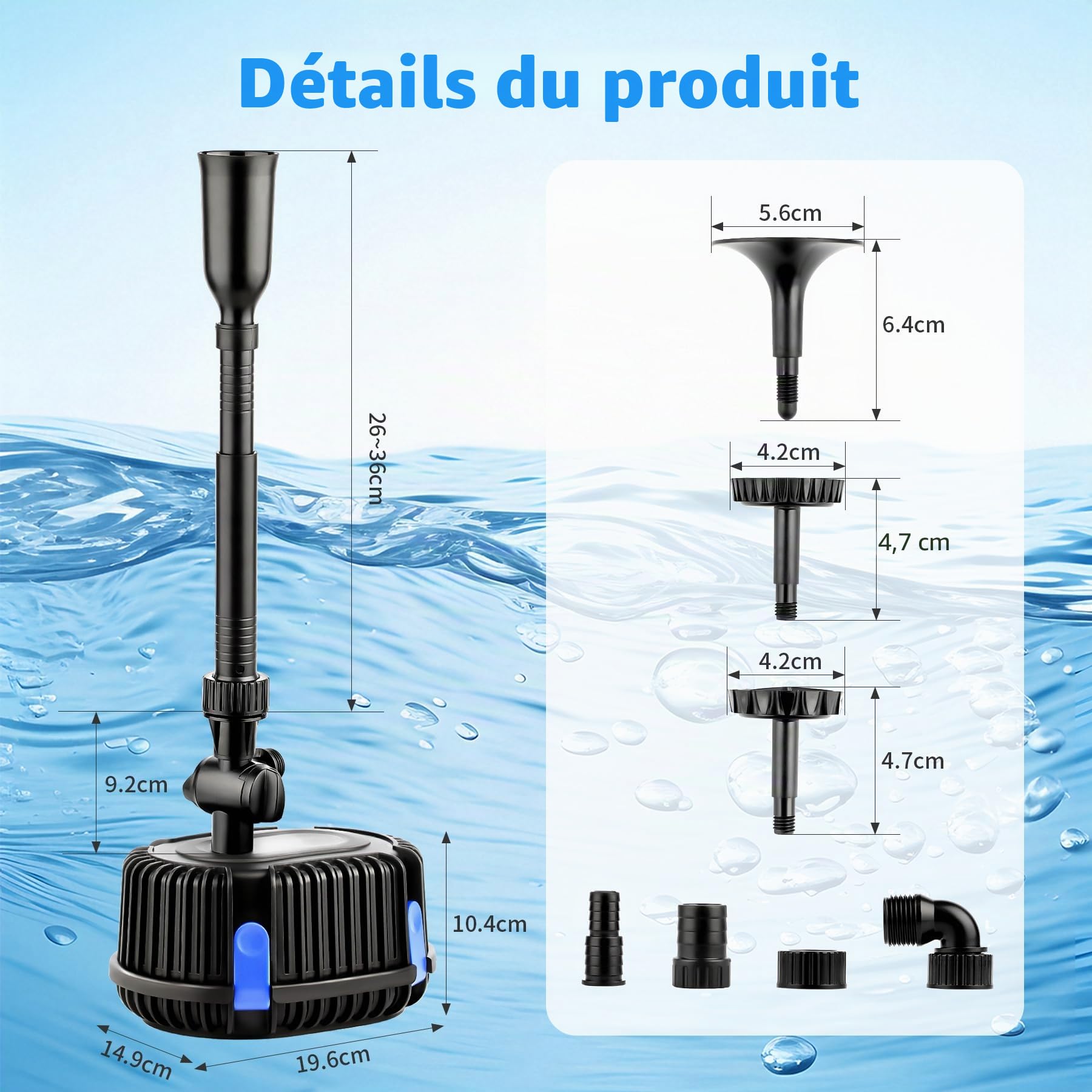 Pompe de fontaine Pompe de jardin Pompe de bassin pour cours d'eau, cascades, fontaines 20 Watt 1000L/H CHP-1000