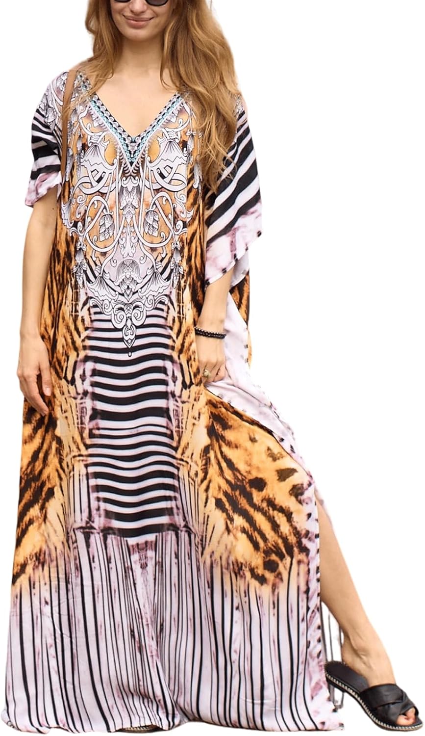 Women's Plus Size Moroccan Print V-Neck Batwing Kaftan Loose Fit Beach Dress Bathing Suit Cover Up