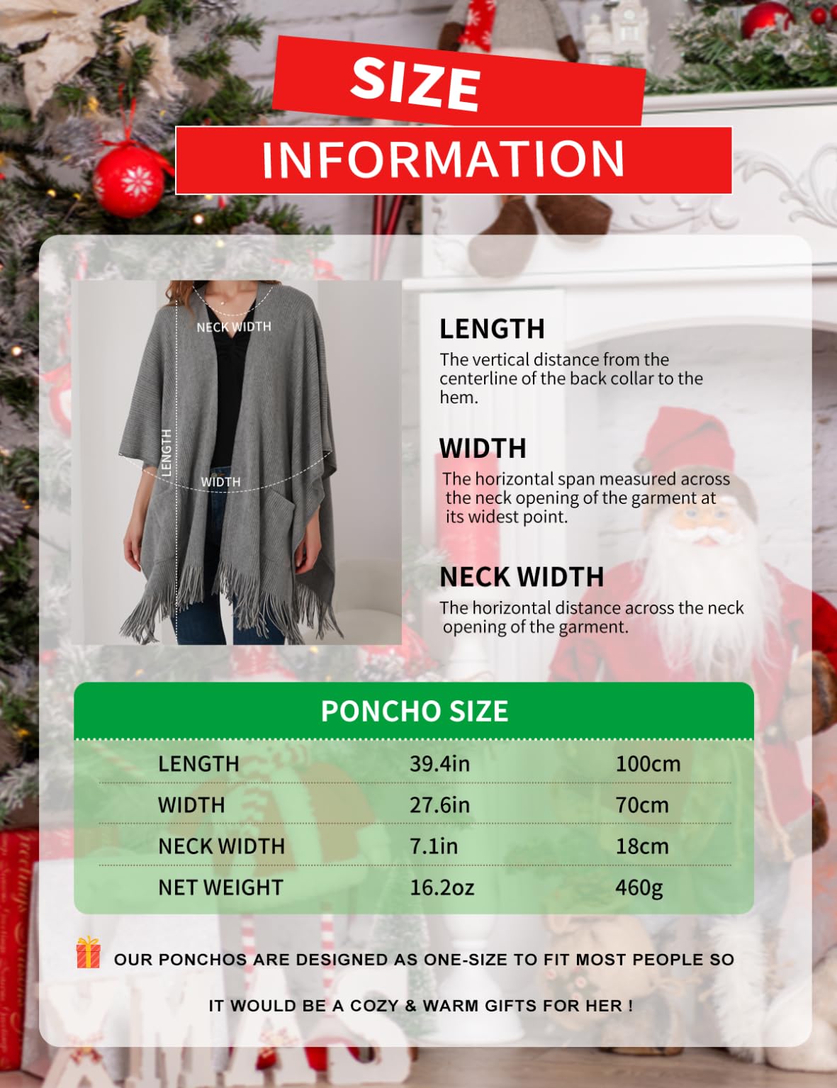 Ferand Poncho de Frente Abierto para Mujer, Chal Holgado con Flecos para Otoño Invierno
