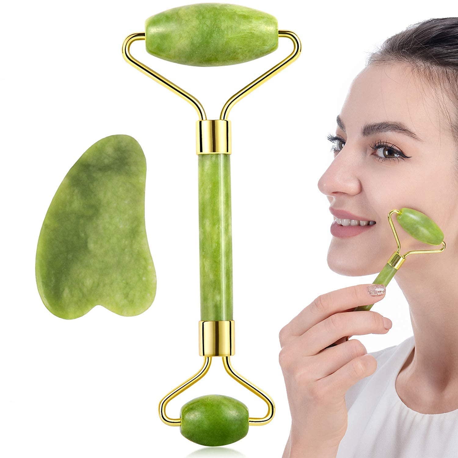 WIDE MART Jade Roller Facial Roller Massager Body Eyes Neck Massager Tool for Eye Puffiness,Aging Release Pressure Natural Jade Stone (Green Combo)