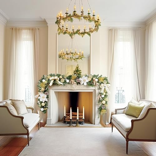 Miniatura 4 de WBHome Guirnalda de Navidad preiluminada de 6 pies72 pulgadas, guirnalda iluminada blanca y dorada con 35 luces LED para decoración de Navidad en