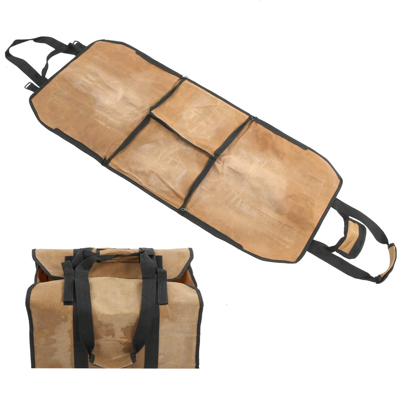Borsa porta legna da ardere in tela impermeabile di grande capacità a doppio scopo color kaki per il campeggio