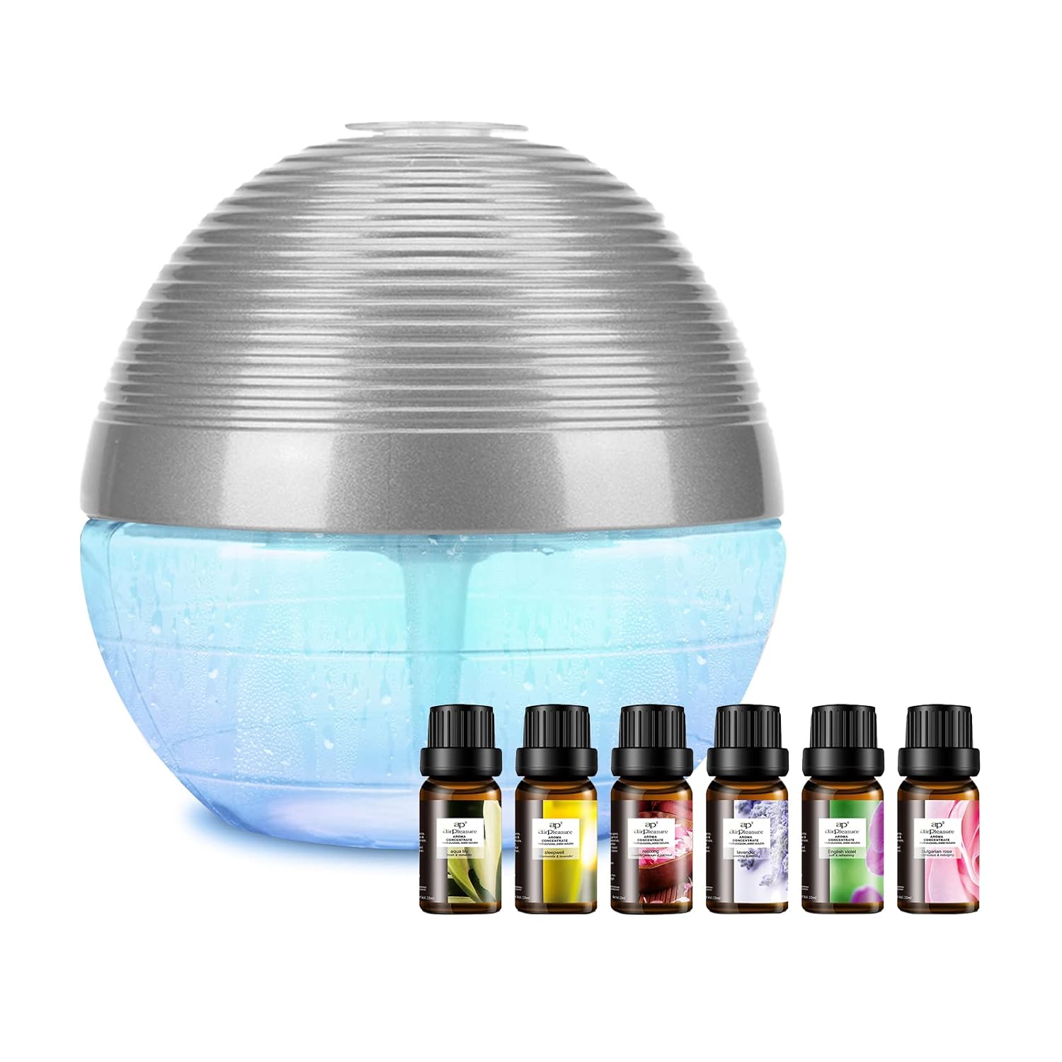 Water-Based Purifier Air Washer, Revitalizer with 6 Colorful lights- Plus Lavender, Aqua Lily, Bulgarian Rose, Relaxing, Sleep Well, English Violet, 10ml Each