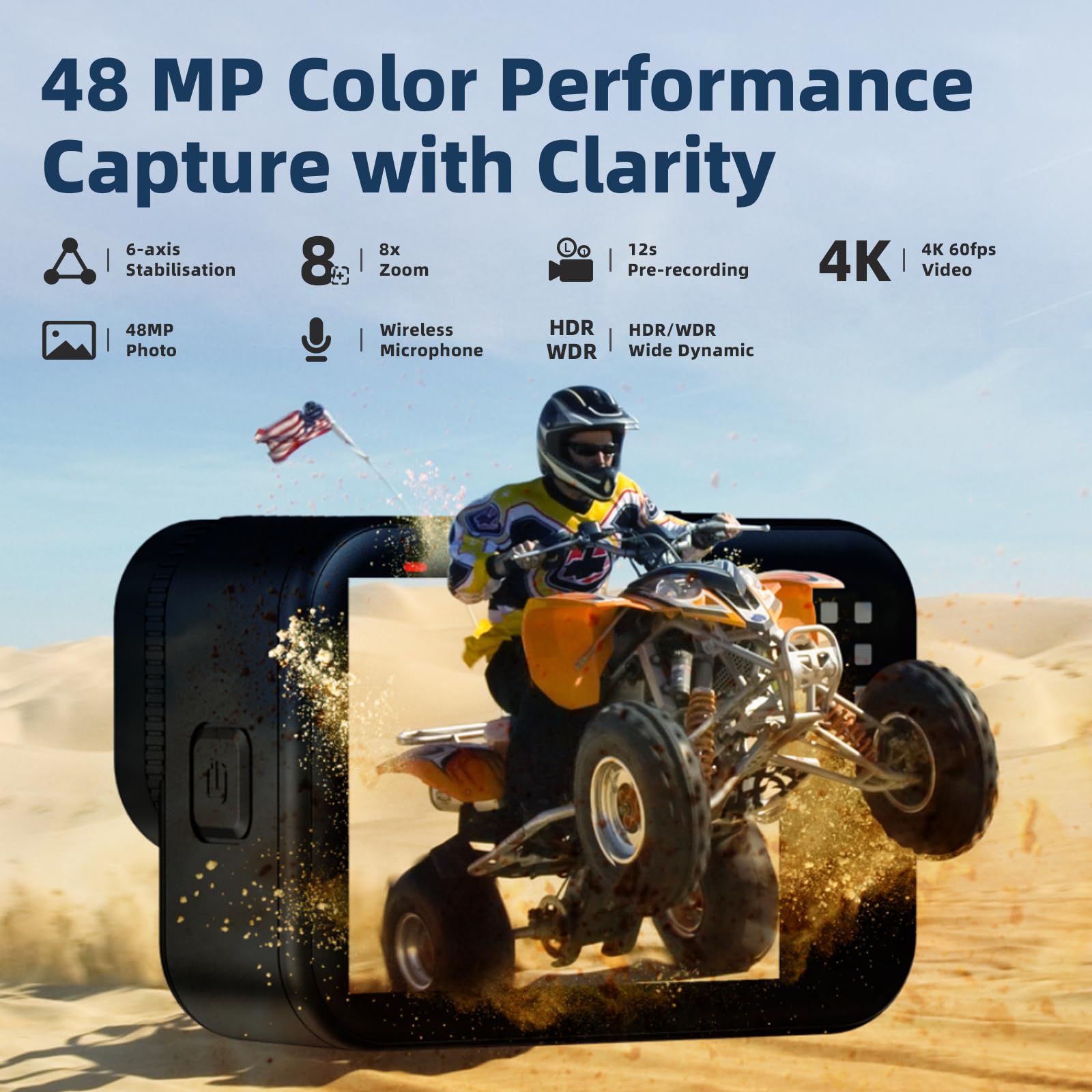4K60FPS Action Cam con scheda SD da 64G, Fotocamera Subacquea 20M, Videocamera Sportiva con Touchscreen da 48MP, 8X zoom WIFI Videocamera con Telecomando,EIS Telecamera Sott'acqua