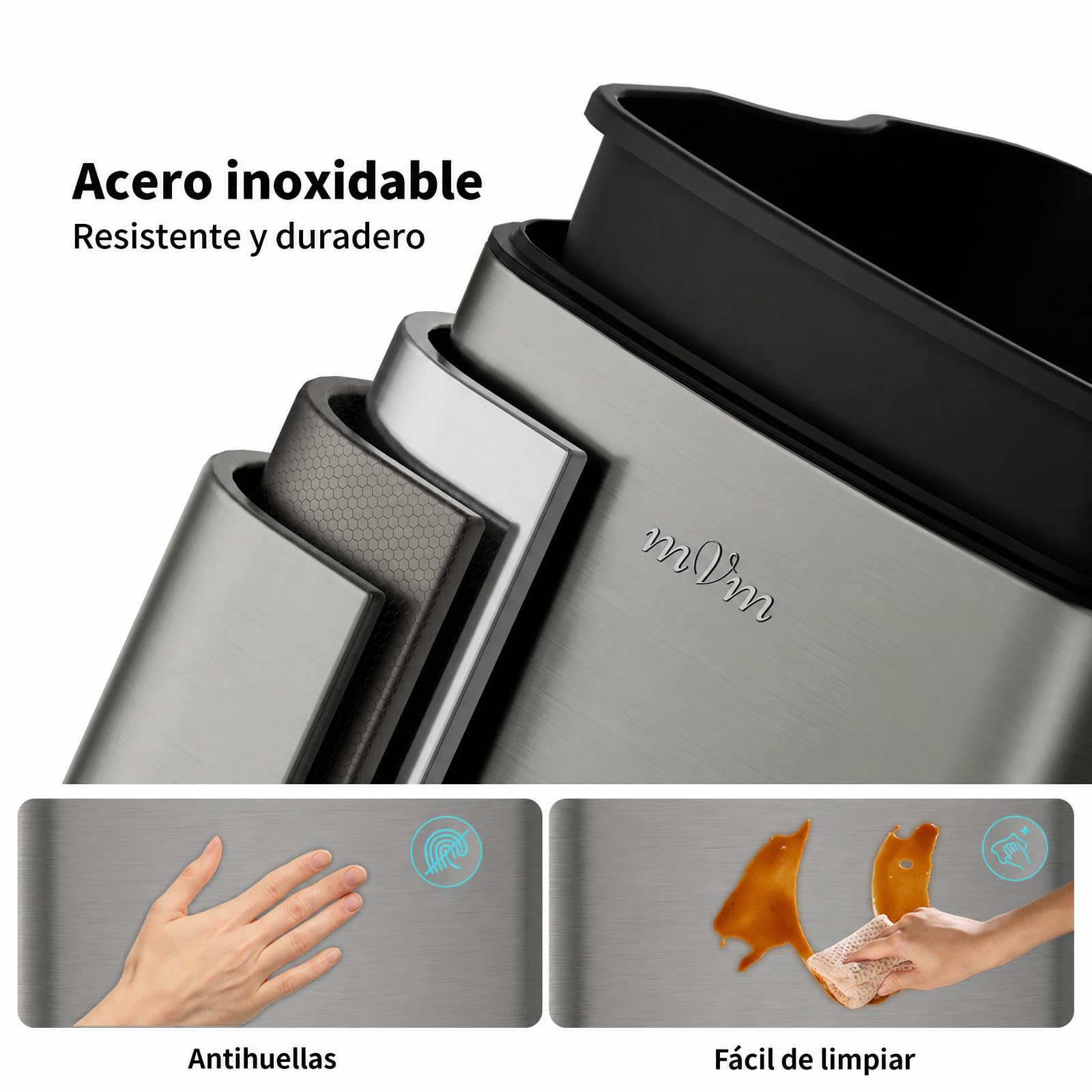 mVm Papelera de Cocina Slim de Acero Inoxidable, 30L Diseño Rectangular Alto y Estrecho, Tapa Fina con Cierre Suave, Cubo Interior Extraíble, Pedal Antideslizante, 4 Colores Gris