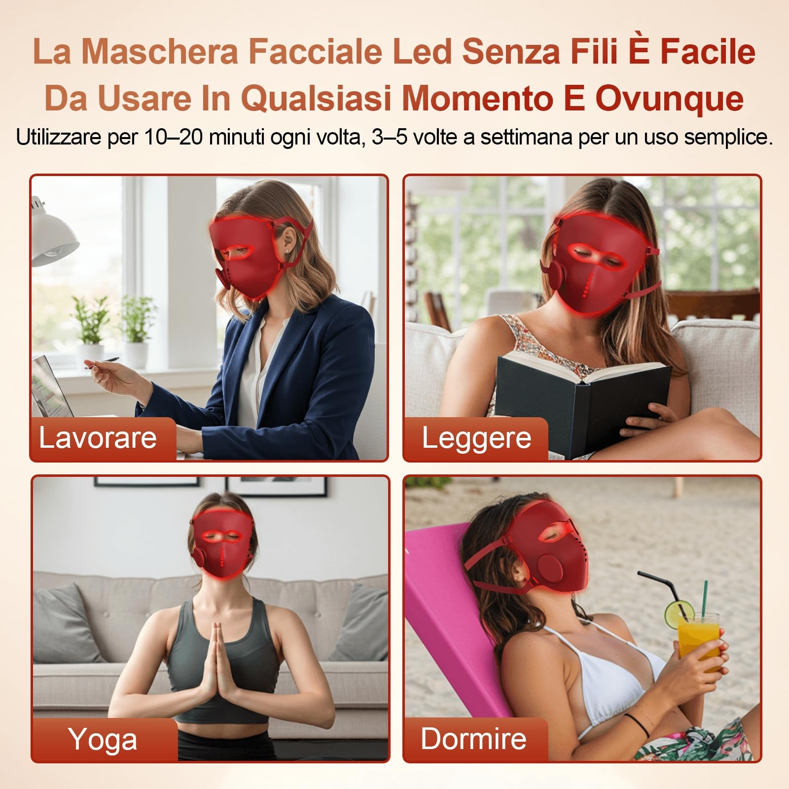 Maschera LED Viso, 4 Colori di Luce, Senza Fili in Silicone Morbido con Temporizzatore, per Cura Quotidiana del Viso