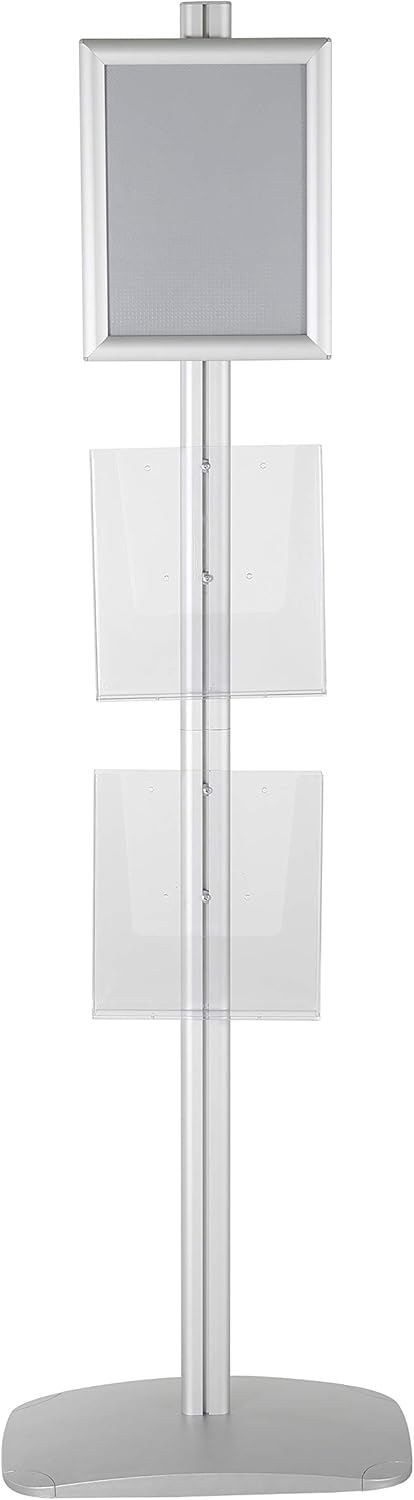 M&T Displays Free Standing Aluminum Display Stand Single Sided Document Brochure Sign Holder Front Loading Portrait Landscape Silver Snap Frame 1x(11x17) and Clear Acrylic Pocket 1x(8.5x11) Inch