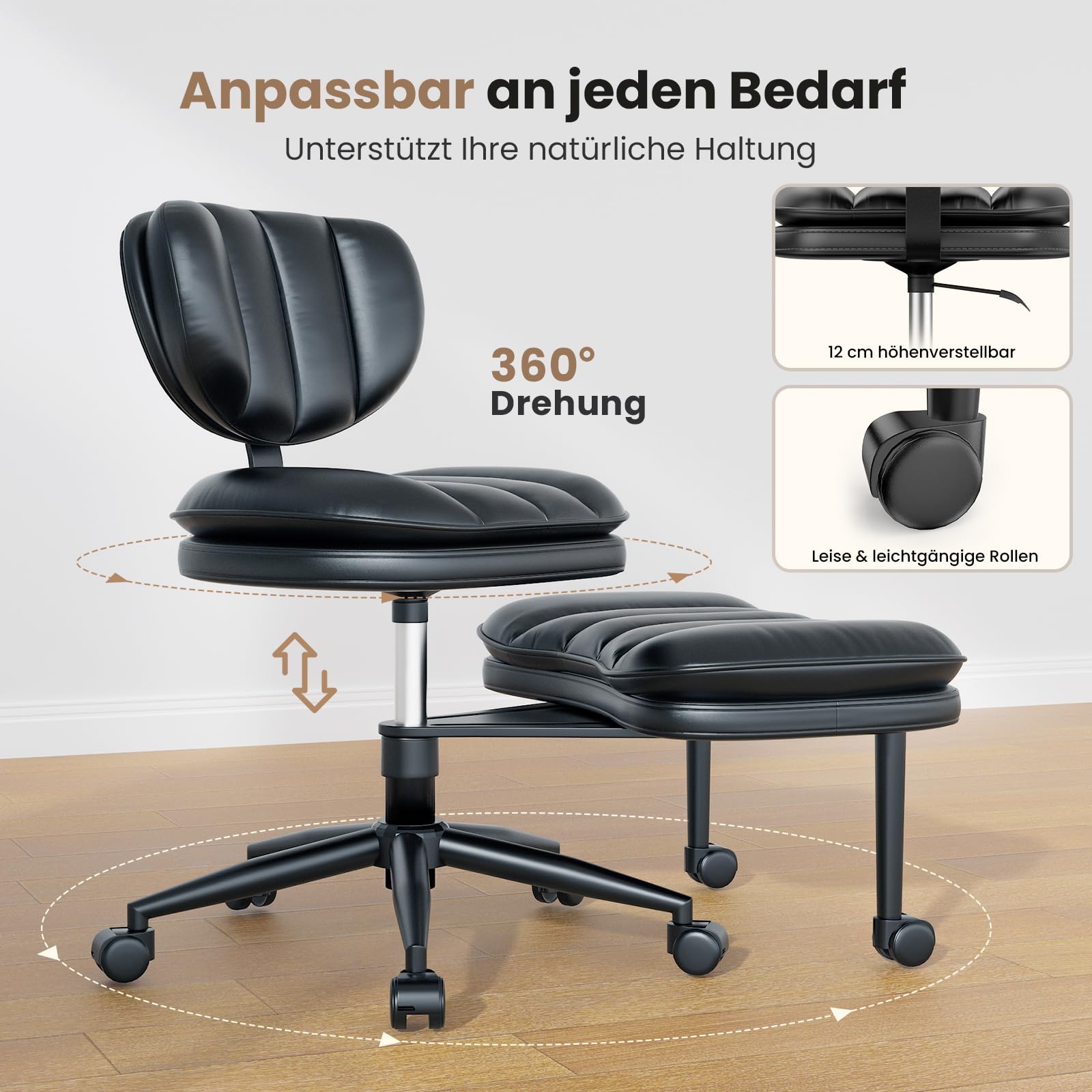 HOMRELEXA Bürostuhl mit Kreuzbeinen, 360° drehbar, Ergonomischer Kniestuhl, Criss Cross Schreibtischstuhl mit Verstellbarer Höhe, ADHS-Meditationsstuhl mit Rückenstütze, Cloud PU-Leder, Schwarz