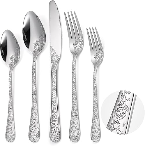 Juego de 6 cubiertos florales de acero inoxidable con delicado diseño grabado de rosas en relieve, cubiertos completos de 30 piezas para utensilios