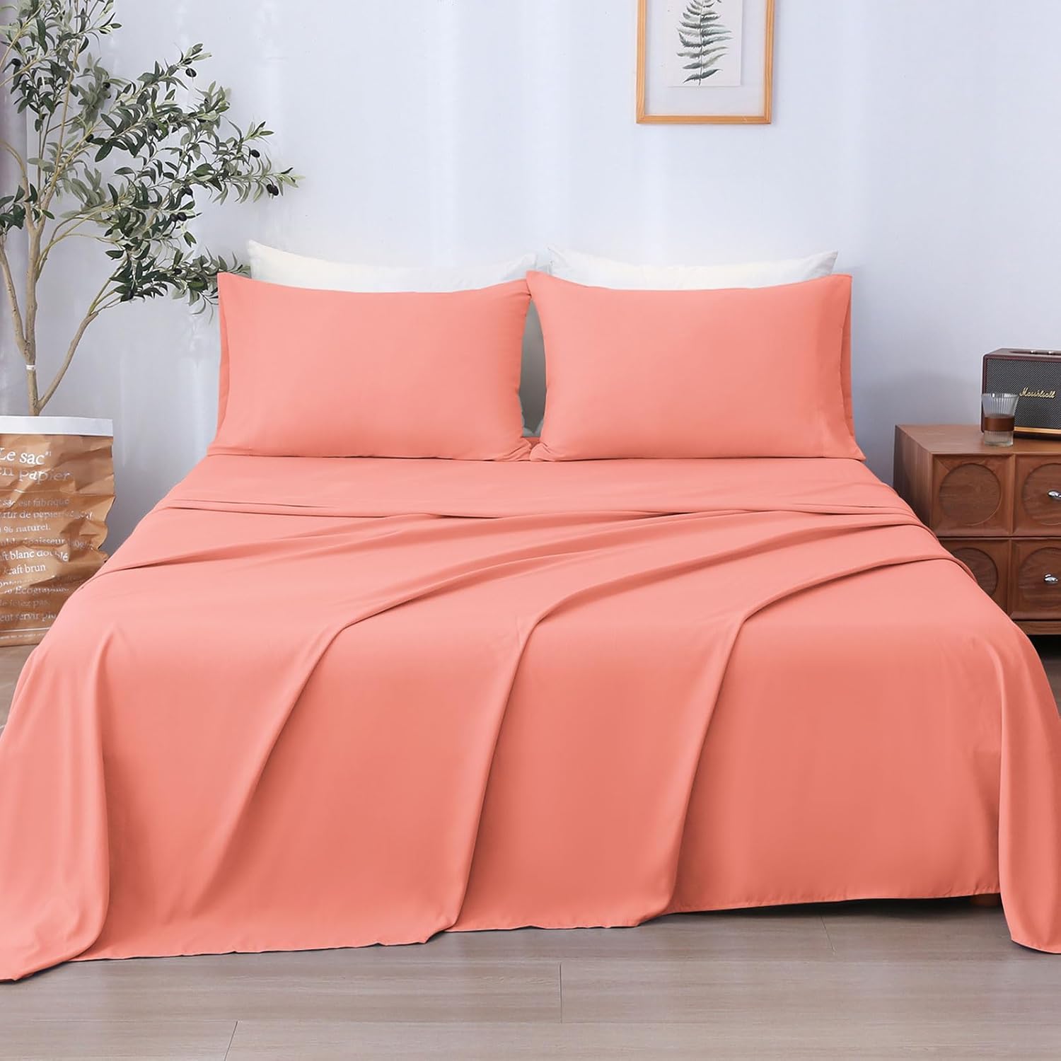 CCWB 600 Thread Count Cotton 1PC Flat Sheets 100% Long Staple Pure Cotton, Smooth Sateen Finish Flat Sheet/Top Sheet with 4 Inch Hem Solid Pattern (Coral, Single)