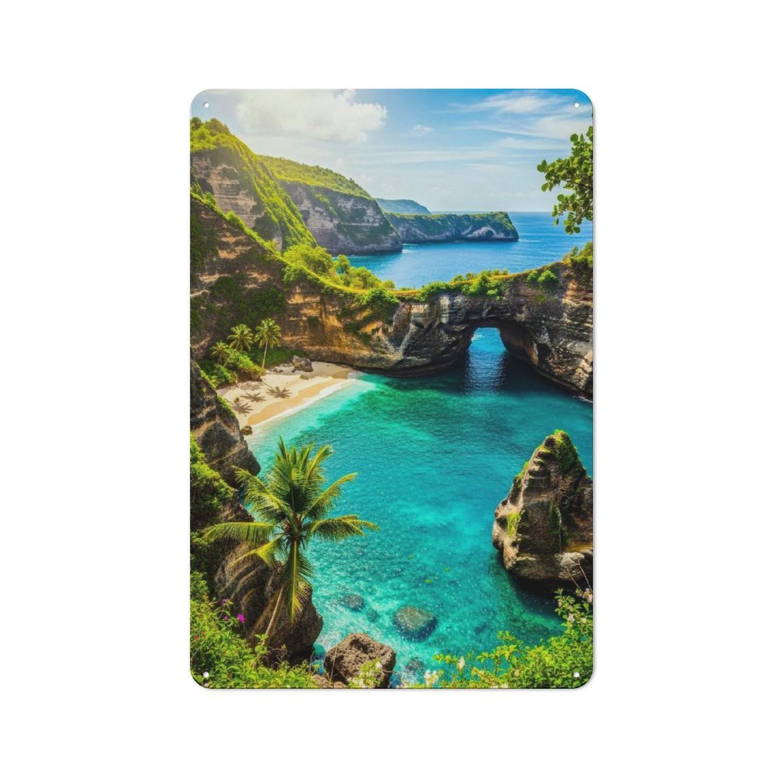 Junmoney Style-13 Tropical Beach Paradise With Natural Arch Metal Wall Plaque 30X20cm, Character Room Wall Plaque For Hallway, Home Bar, Garage Or Study