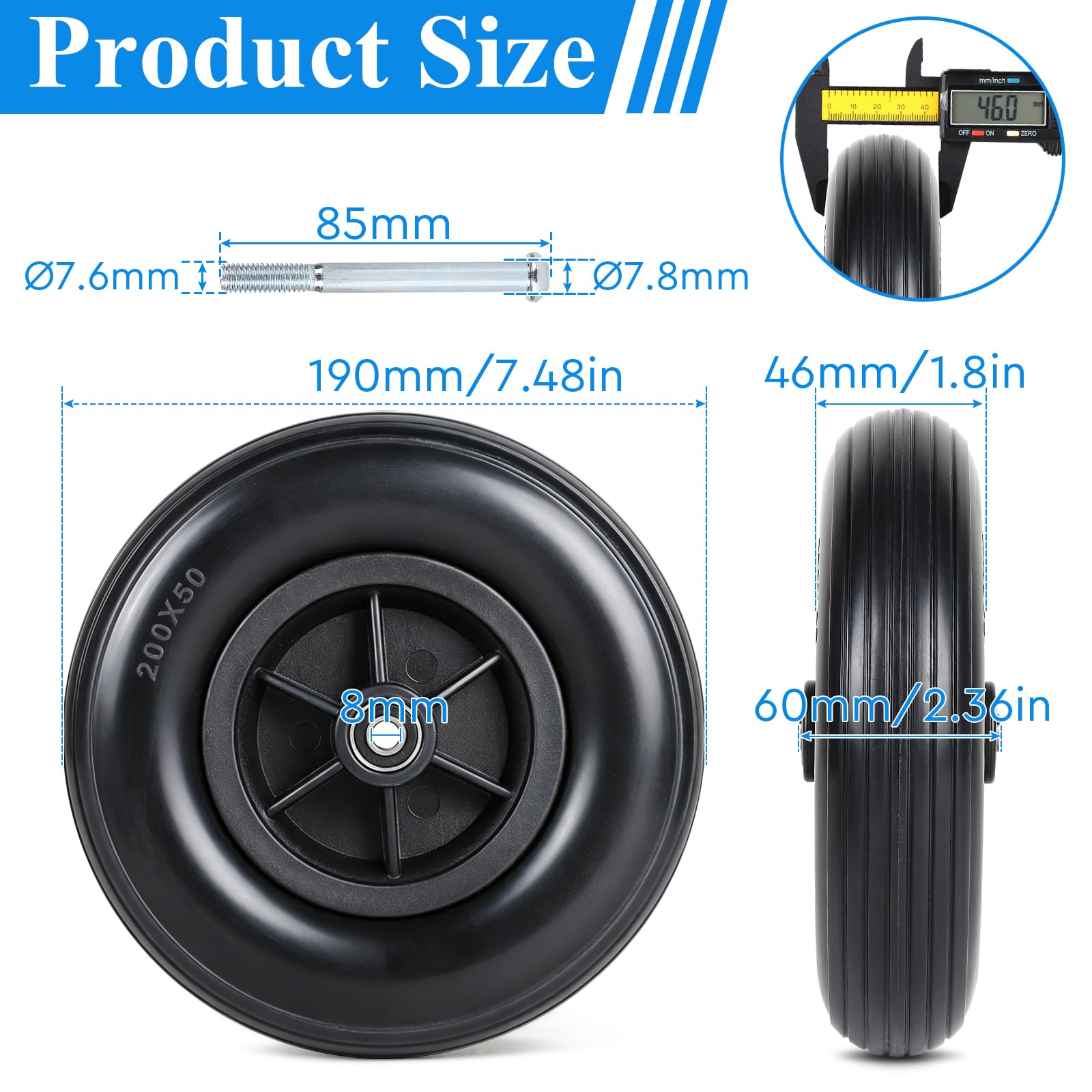 EFUTURETIME 2 x Ersatzräder 190mm Vollreifen, Ersatz Lenkrollen PU für Rollstuhlräder Vordere 8 Zoll für Rollator, Rollstuhl, Laufrad, Gehhilfe (Schwarz)