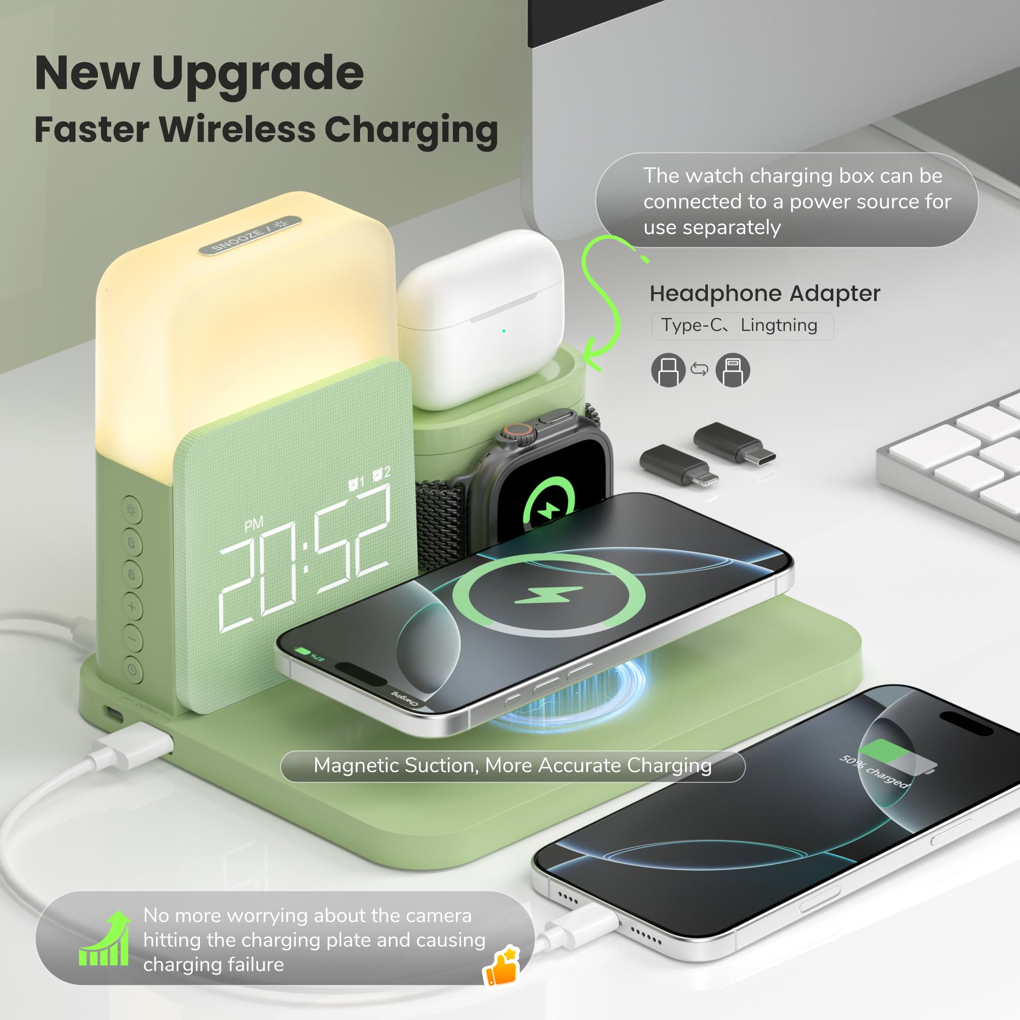 Station de charge 3 en 1 pour iPhone, réveil, veilleuse, chargeur sans fil pour iPhone 15 14 13 12 11 X Pro Max et Apple Watch – Station de charge pour AirPods