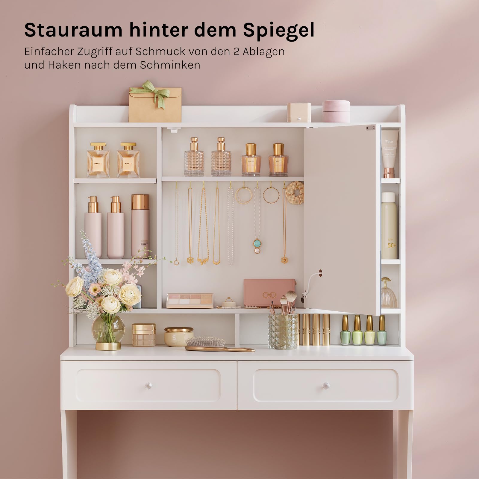 WOLTU Schminktisch mit Spiegel und Beleuchtung, 3 Lichtfarben, Frisiertisch mit offenen Ablagen & 2 Schubladen & 10 Haken hinter dem Spiegel, modern für Schlafzimmer, Weiß