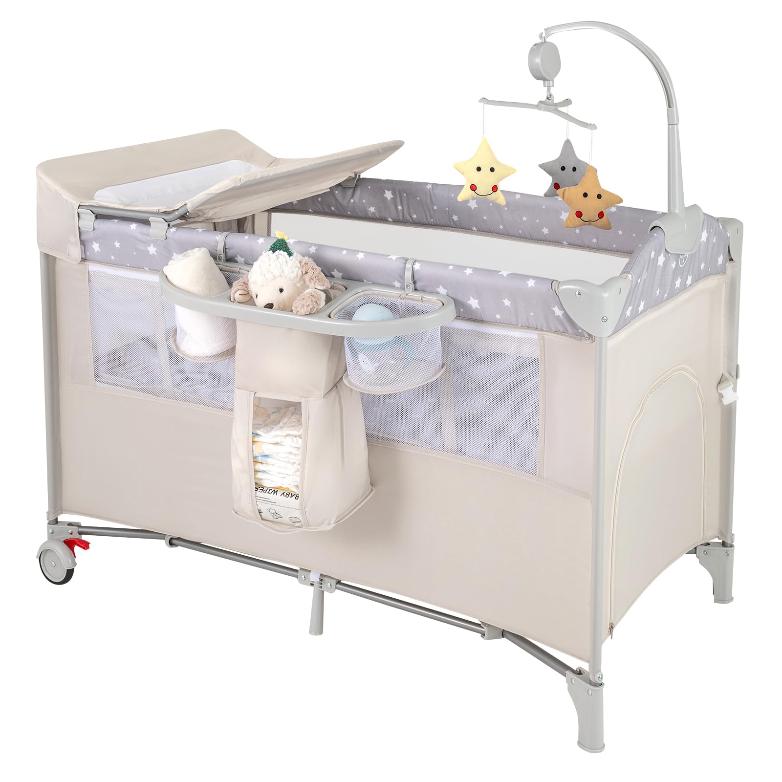 RELAX4LIFE 5 in 1 Lettino da Campeggio per Bambini, Culla Neonato con Fasciatoio e Cingia Fissagio, Carillon e 3 Giocattoli Appesi, Adatto a Bambini da 0 a 36 Mesi (Beige)