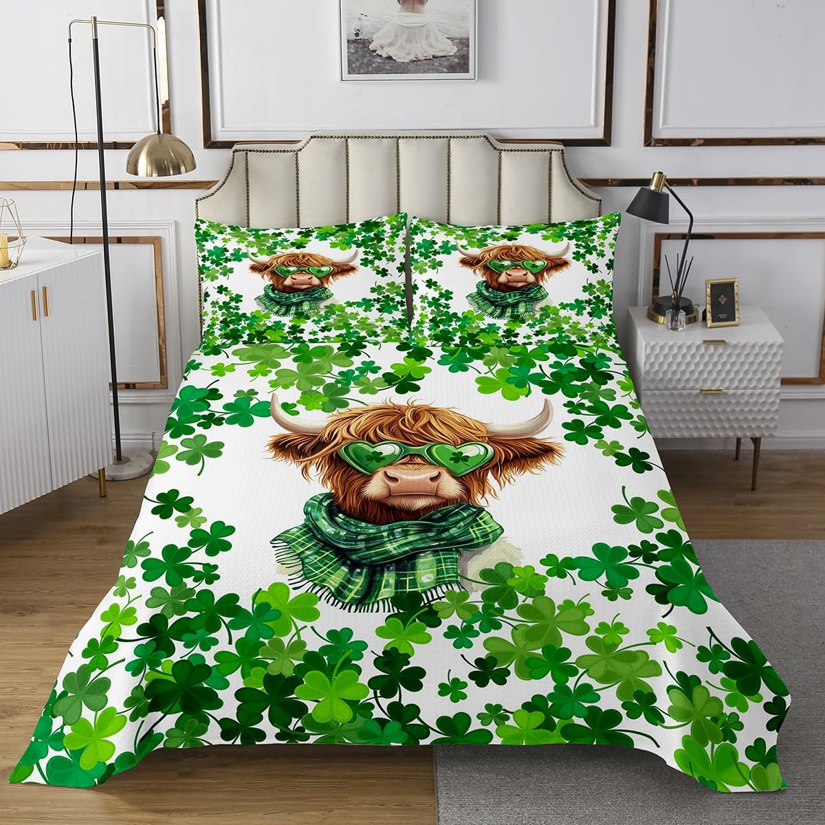Erosebridal Queen St. Patricks Day Quilt Set for Kids Boys Girls,Shamrocks Coverlet Set,Highland Cow Bedspread,Farmhouse Animal Bed Cover with 2 Pillow Shams Bedroom Decor