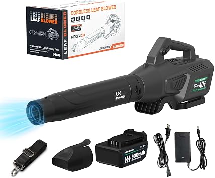 Leaf Blower Cordless with Battery - 40V Powerful Electric Leaf Blower, 600CFM &180MPH and Variable-Speed with 5.0Ah Battery and Charger for Lawn Care, Patio, Dust, Blowing Leaves Grey