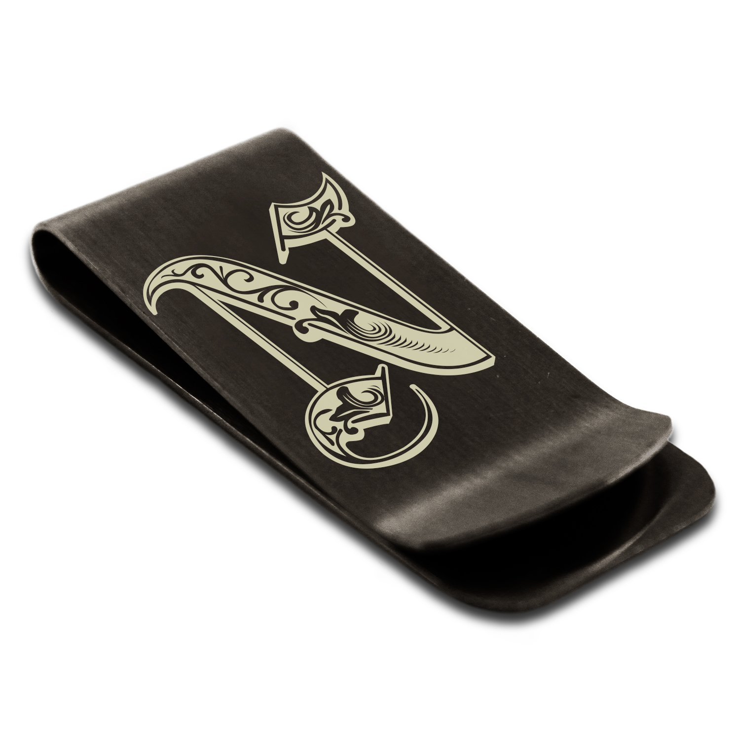 Matte Black Stainless Steel Letter N Initial Royal Monogram Engraved Money Clip Credit Card Holder