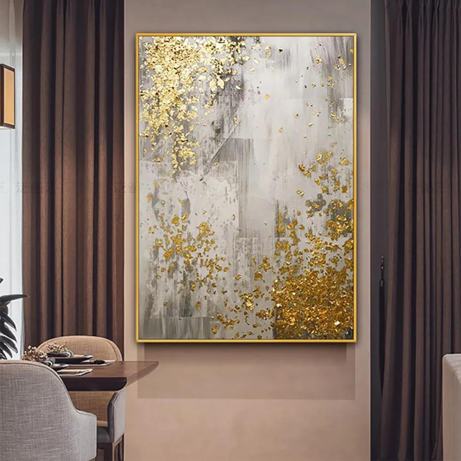 Pintura al óleo abstracta sobre lienzo, lámina dorada, cuadro de arte de pared grande para sala de estar, listo para colgar, decoración del hogar, 85x125cm/33x49 pulgadas con marco dorado