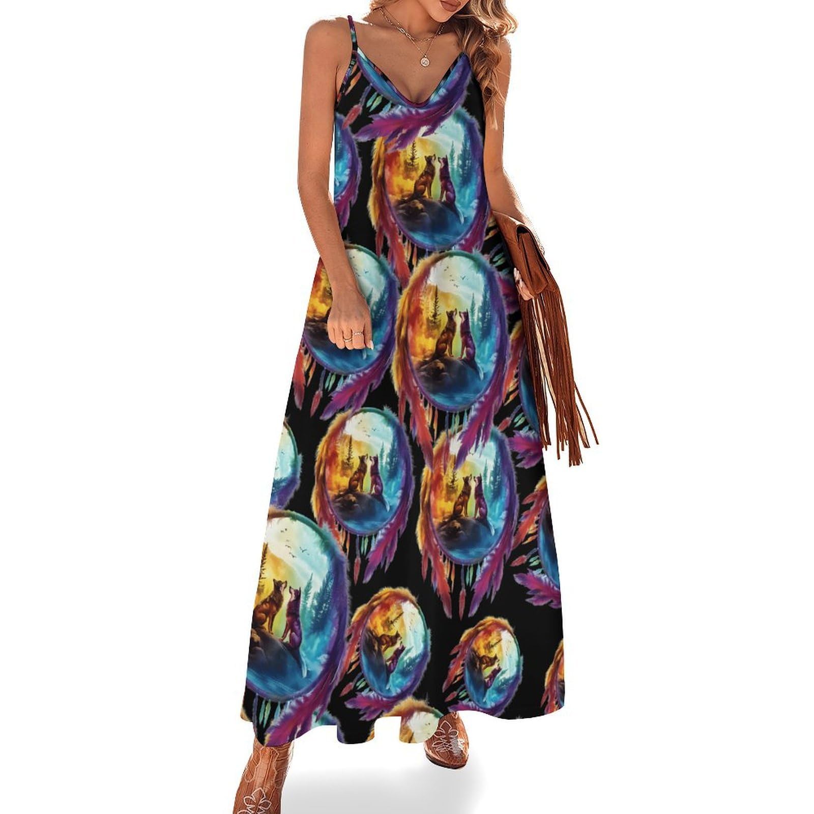 Wolf - Vestido casual para mujer, con diseño de atrapasueños, ajustable, largo hasta el tobillo, con volantes, vestido de verano fluido