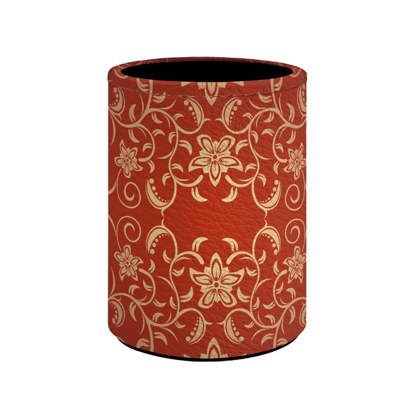Buxolandt Retro Flower Textured Print Pencil Pen Holder Cup Round Makeup Brush Holder Storage Organizer Desktop Pencil Cup for Home Office Supplies Classrooms Library, Leather Desk Accessories โ image 1
