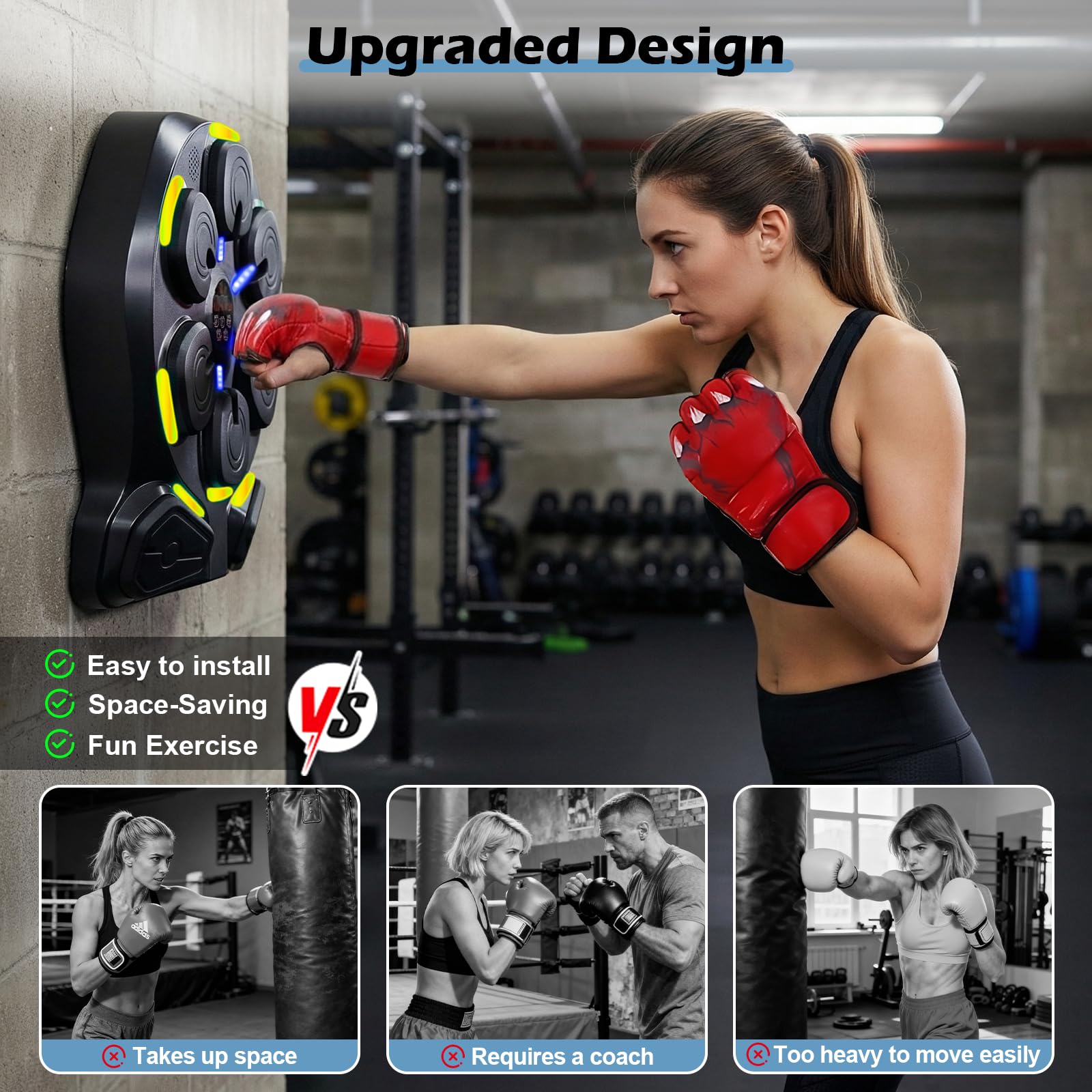 Macchina da boxe con musica, montaggio a parete, 9 modalità e 9 livelli di velocità, allenatore musicale con illuminazione a LED e Bluetooth, guantoni da boxe, per casa, ufficio e palestra