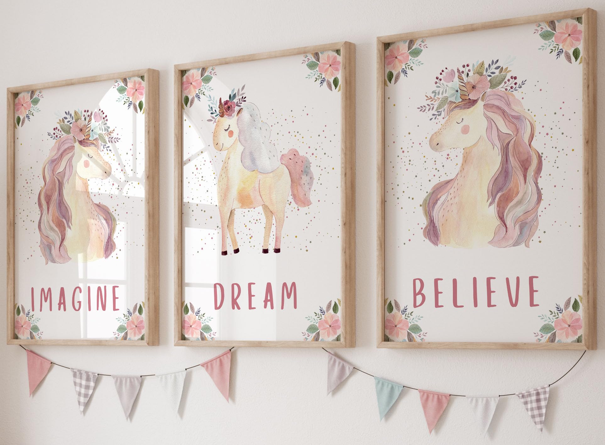 Eviepops Prints Unicorn Set Of 3 Unframed Poster Prints, Imagine Dream Believe, Unicorn Bedroom Decor, Girls Bedroom Nursery Decor Posters (A5)