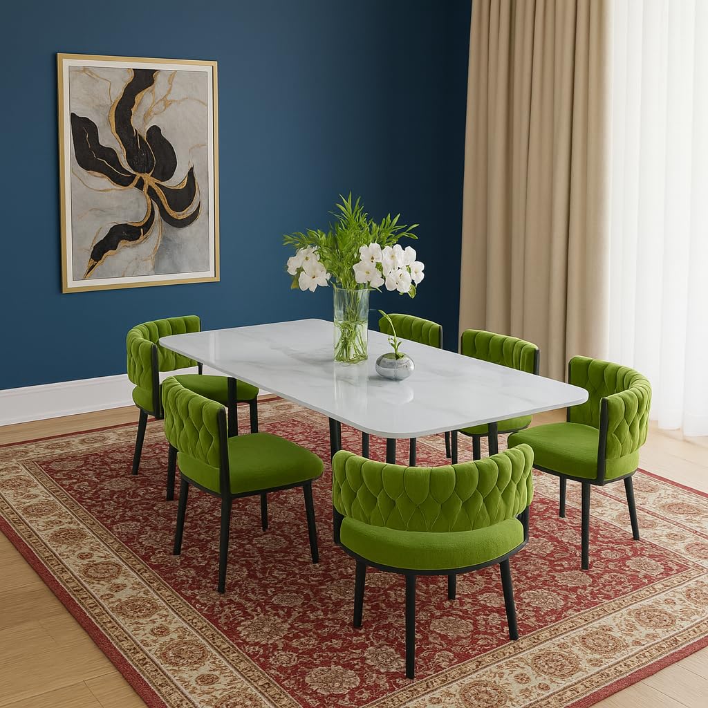 Deep Sleep Modern 7-Piece Dining Table Set – White Marble Top Table with 6 Green Velvet Chairs – Scratch-Resistant Easy-Clean Surface| Compact Nordic Dining Furniture for Kitchen Apartment