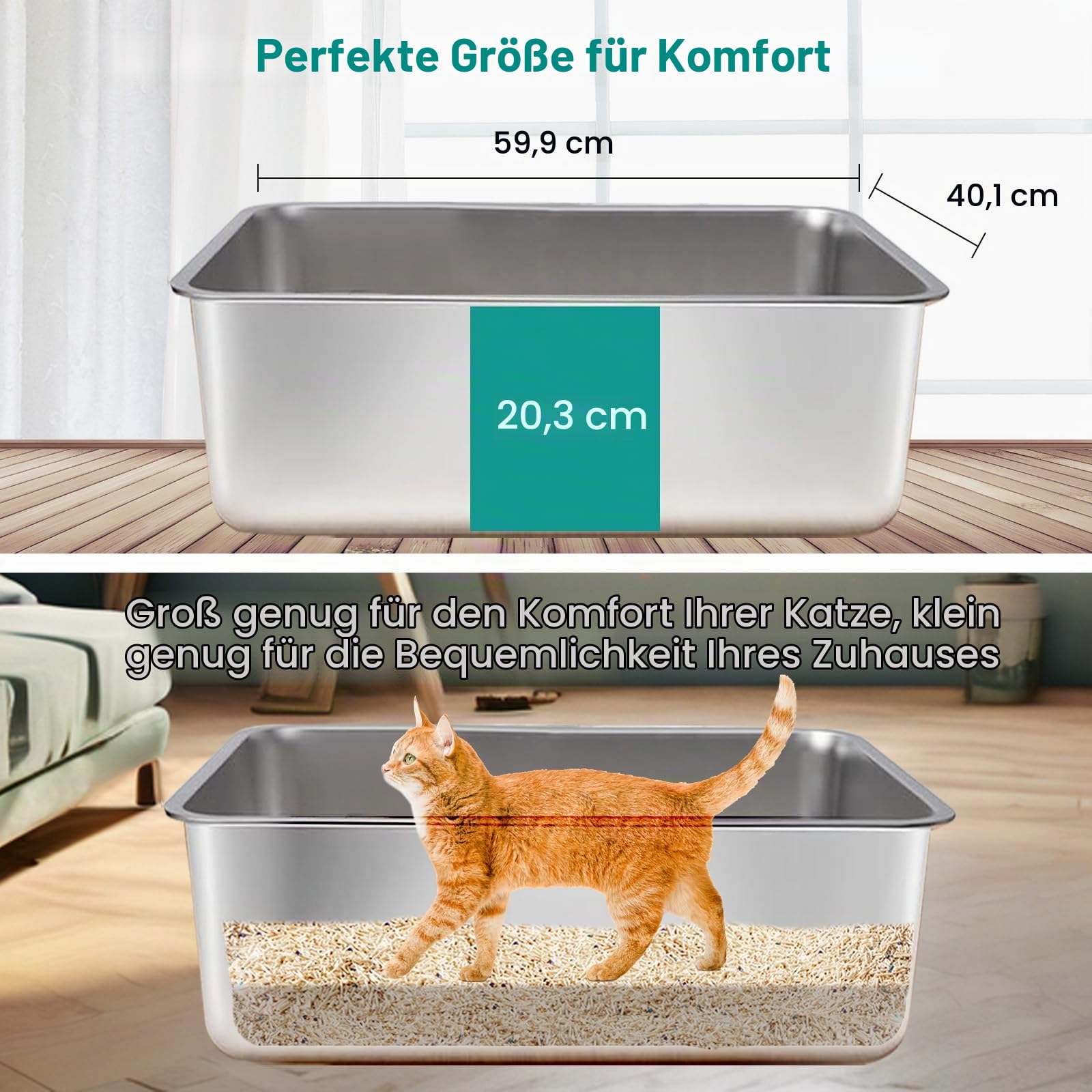 2 STÜCK Edelstahl Katzenklo, 8" Extra Große XXL Metall Katzenklo für Große Katzen, Hochwandige Katzen-Toilette mit Griff, Große Katzentoilette Schale, Einfach zu Reinigen, Geruchsfrei, 23.6x15.8x8