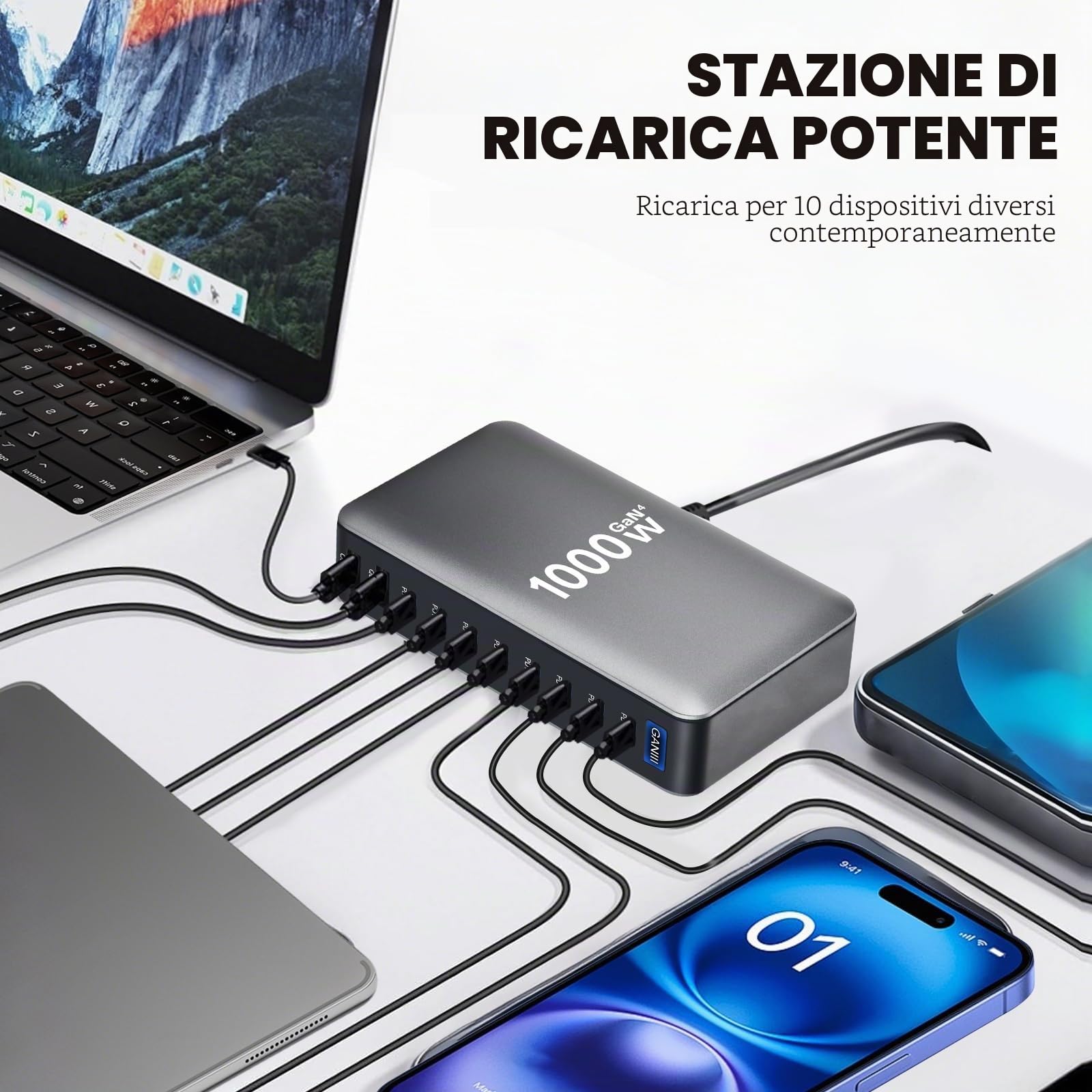 1000W Caricatore USB Multiplo - 10 Porte (8 USB-C + 2 USB-A) con Ricarica Rapida, Stazione di Ricarica Compatta per Multi Dispositivi, Compatibile con MacBook, iPad, iPhone 16/15/14, Galaxy S22/S20
