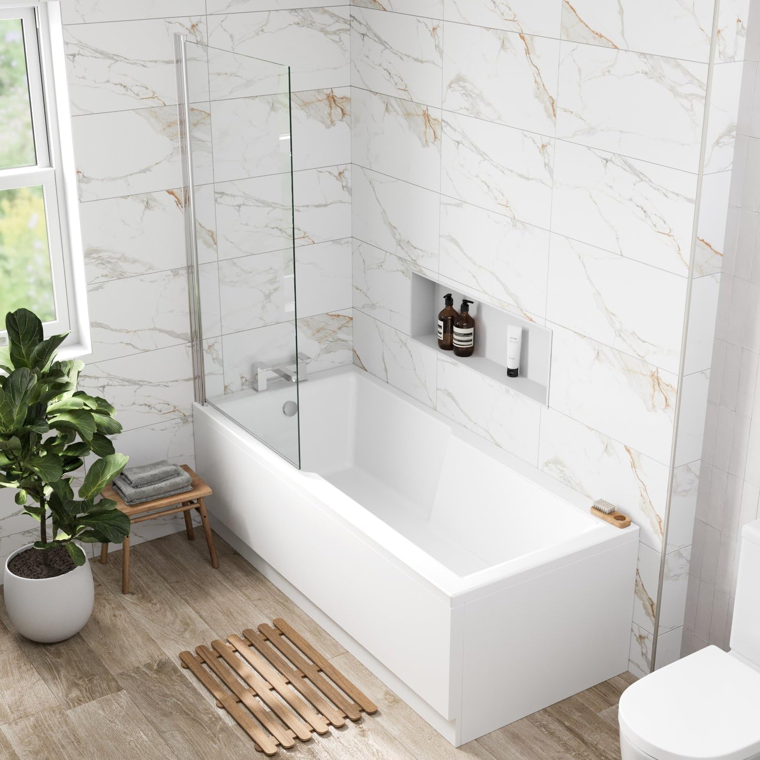 Baystone White Baystone® 1700 X 750Mm Single Ended Straight Shower Bath Tub With Screen Gloss Acrylic Luxury For Bathroom Alcove Corner Modern