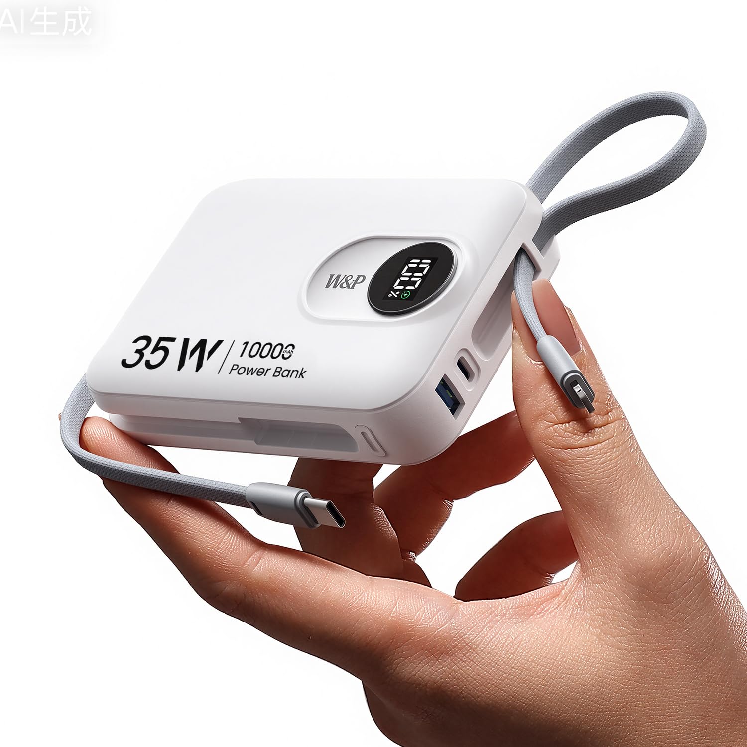 W P Portable Charger for iPhone 35W Fast Charging 10000mAh Portable Power Bank with Built-in USB-C Lightning Cables