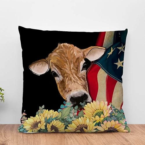 WoGuangis Fundas de almohada vintage de granja con bandera estadounidense y vaca, funda de cojín patriótica de granja, ganado y girasol, funda de