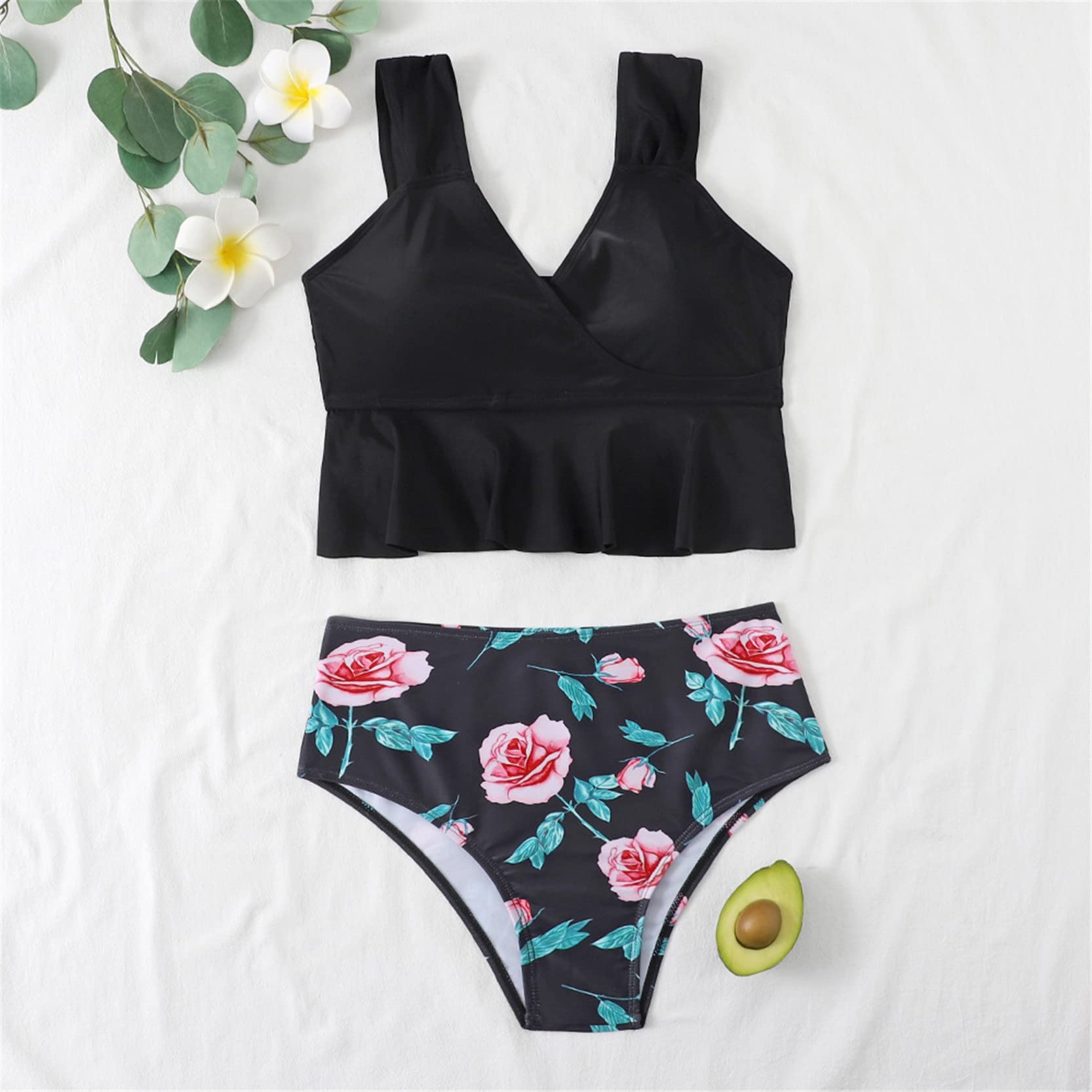Donna Due Pezzi Elegante Bikini Swimwear, Womens High Waist Bikini Set Ruffle 2 pezzi Costume da bagno Costume da bagno imbottito Costumi da bagno wirefree Top + Costume da bagno in basso Vestito da b