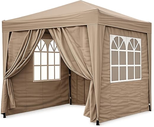 QUICK STAR Pop-Up-Pavillon 2,5 x 2,5 m Sand mit 4 Easy-Klett Seitenwänden mit 2 Reißverschlüssen.