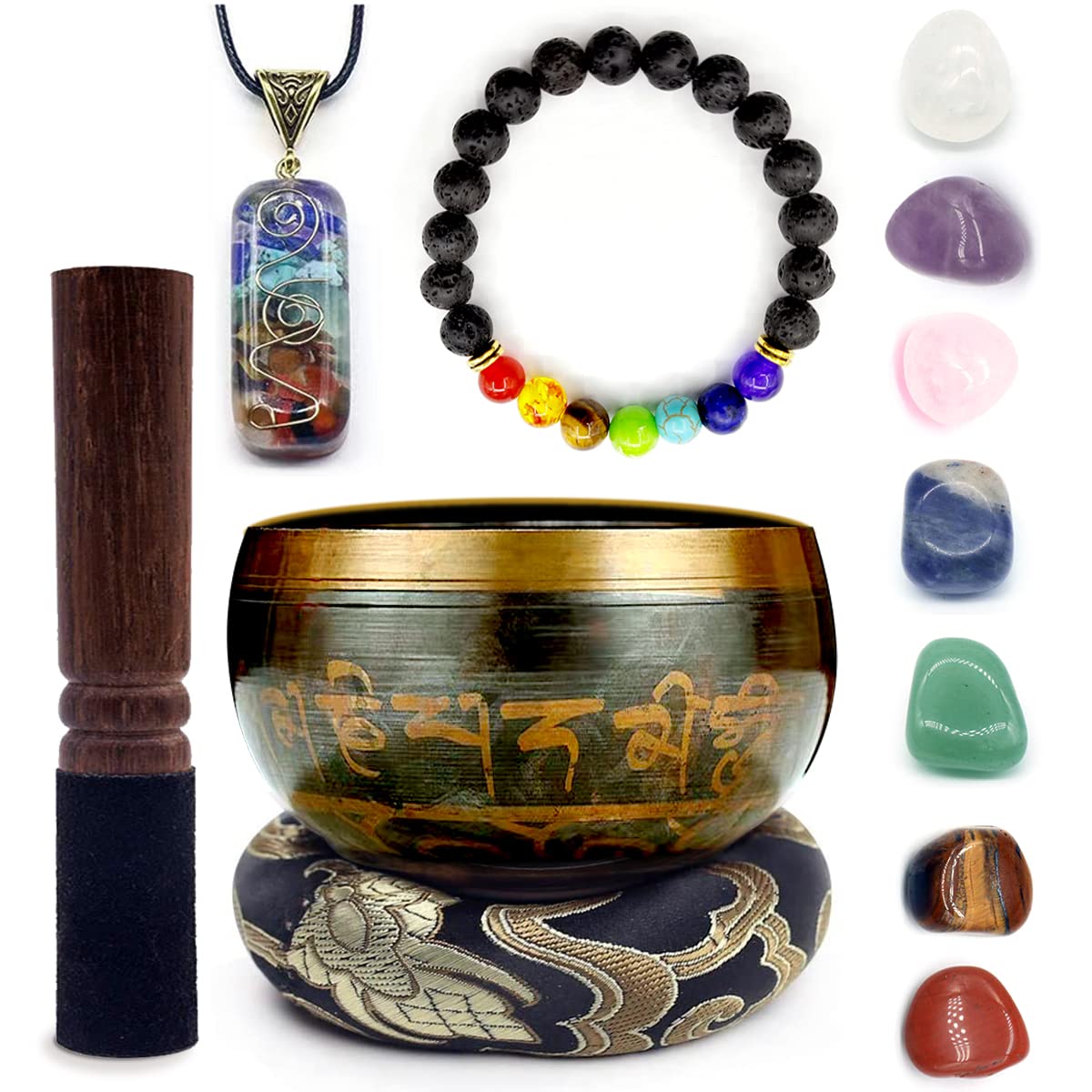 Tibetan Singing Bowl Set for Meditation,Yoga, Spiritual Healing, and Mindfulness with 7 Chakra Crystal Stones, Crystal Necklace and Lava Stone Chakra Bracele,Gifts for Women, Men