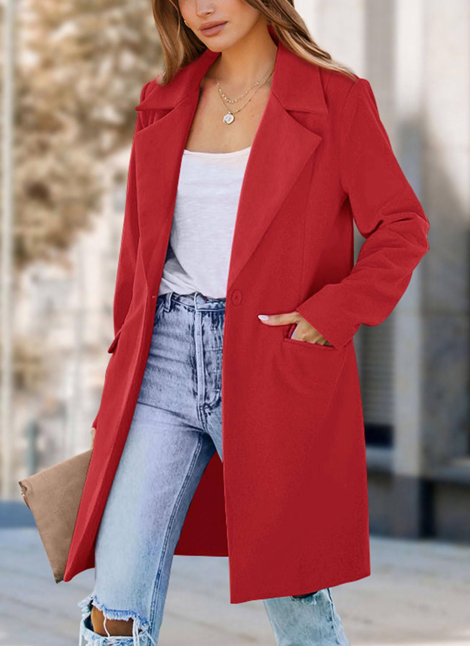 PRETTYGARDEN Women's Business Casual Long Blazer Jackets(Red,S) view 7