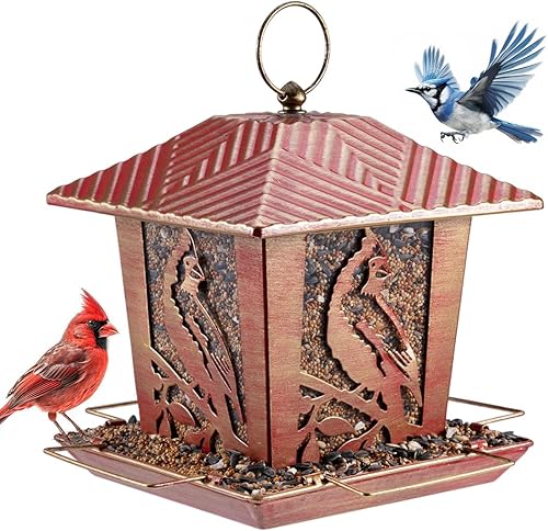 Birdream Comedero para pájaros para exteriores de metal con capacidad de 3 libras, patrón cardenal, vintage, rojo dorado, resistente a la
