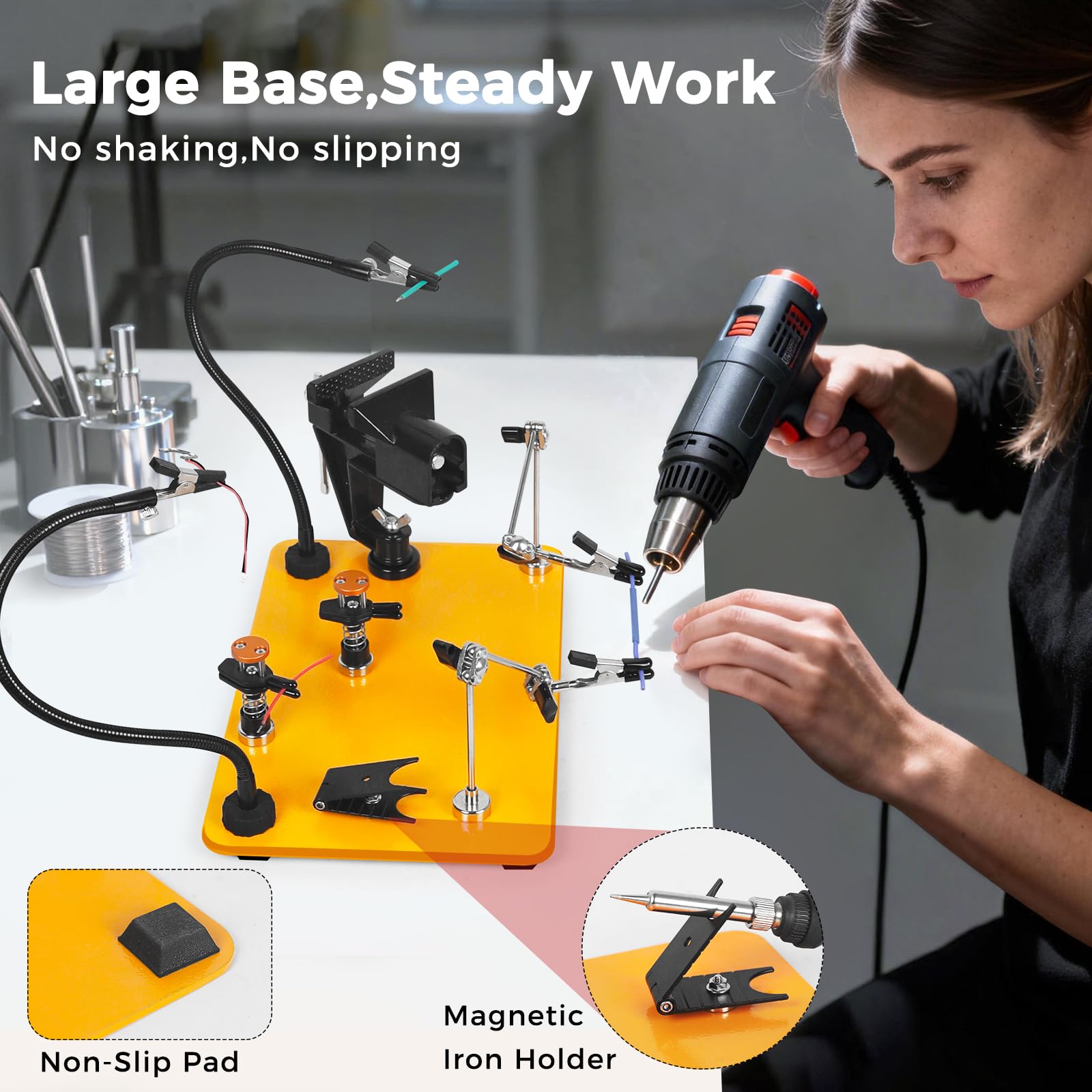 NOEVSBIG Stazione di saldatura Helping Hands con lampada d'ingrandimento 5X, bracci magnetici flessibili, morsetti per saldatura a 360°, morsa da banco da lavoro e grande base stabile e morsetto per