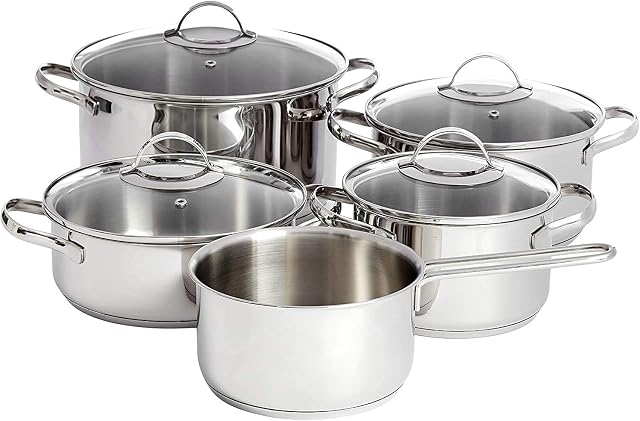Amazon Basics 9-Piece Stainless Steel Induction Cookware Set - Pot with Lids, Saucepan and Casserole