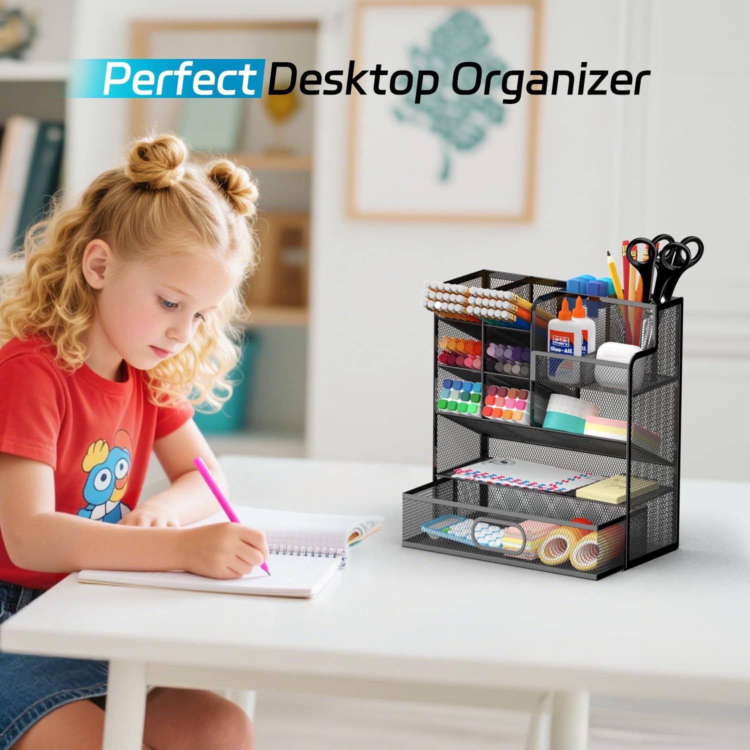Pen Organizer for Desk - Multi-Functional Pencil Holder with Drawer Desk Organizers, Large Capacity Storage for School Office Home Supplies (Black) thumbnail