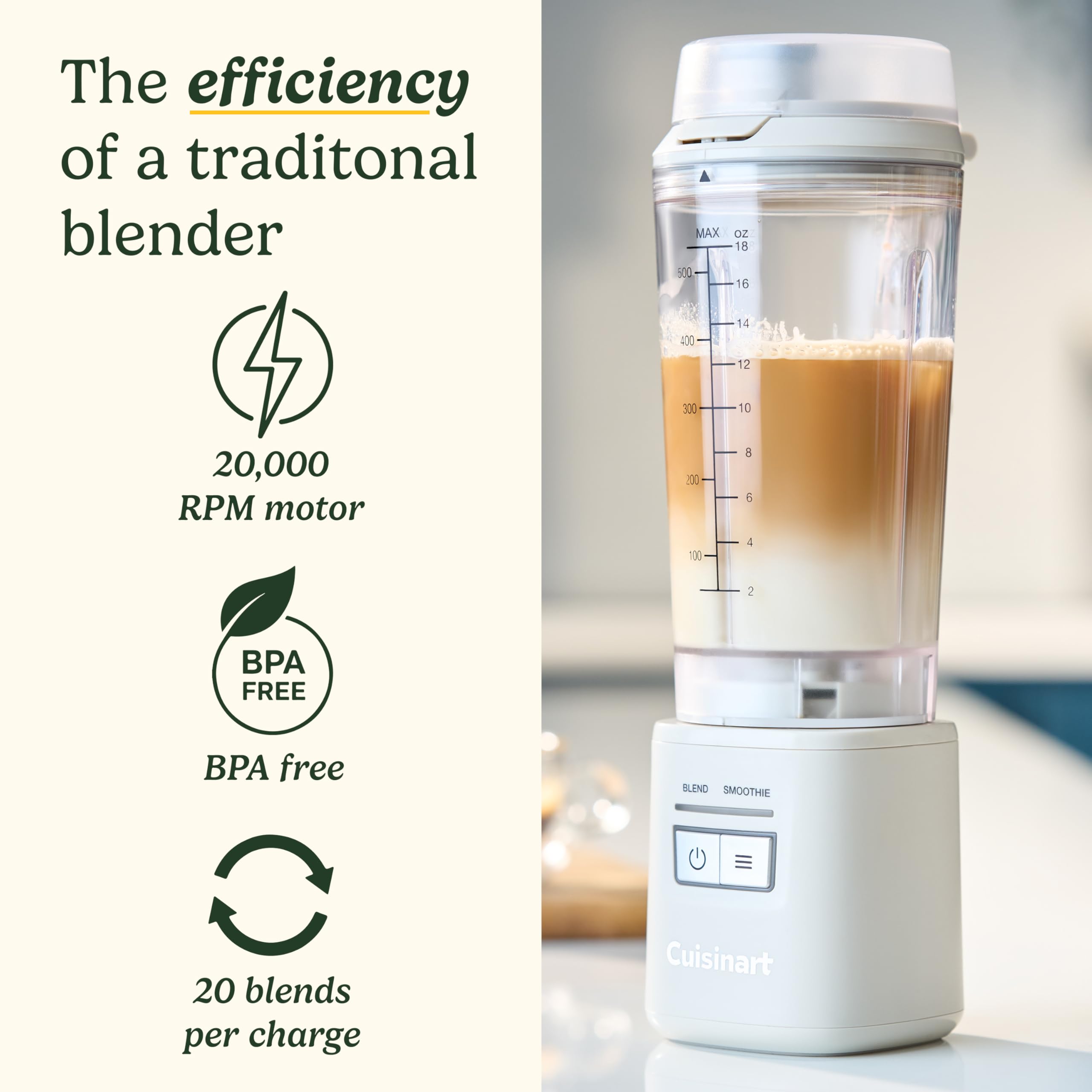Cuisinart Blast & Go - Licuadora portátil | Sin cable, recargable USB-C | Taza de viaje sin BPA | Motor de 20.000 RPM | 2 presetes: Mezcla y batidos, batidos de proteínas, hielo triturado, frutas