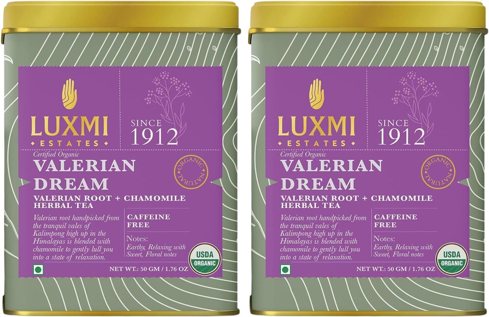 LUXMI Estates Sleep Tea With Valerian Root 50 gram Tin Caddy (Pack of 2), With Chamomile, Lavender & Valerian Root | Caffeine Free Tea Bags For Insomnia Anxiety & Stress Relief, Relaxation, Restful and Peaceful Sleep With Wellness Herbal Tea,50 Cups