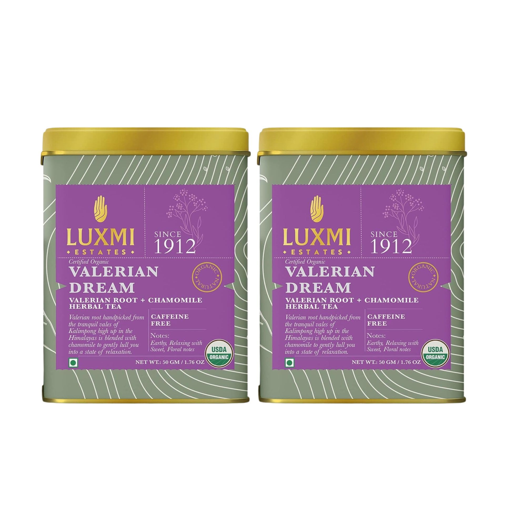 LUXMI Estates Sleep Tea With Valerian Root 50 gram Tin Caddy (Pack of 2), With Chamomile, Lavender & Valerian Root | Caffeine Free Tea Bags For Insomnia Anxiety & Stress Relief, Relaxation, Restful and Peaceful Sleep With Wellness Herbal Tea,50 Cups