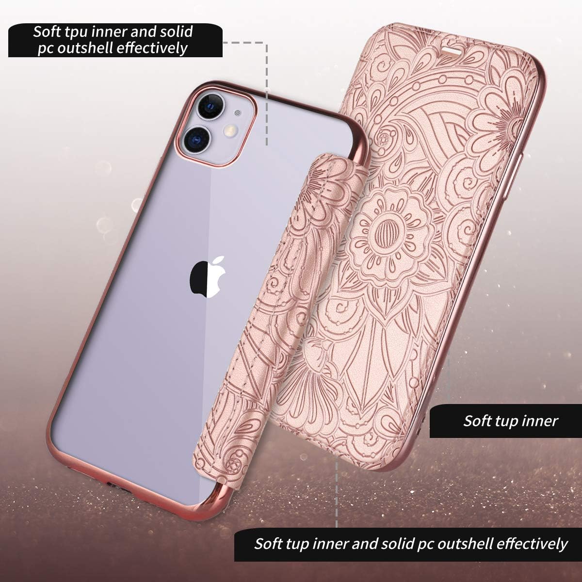 Petocase Compatible iPhone 11 Wallet Case, Ultra Thin Slim Folio Flip Case Premium Protective PU Leather Wallet Card Slot Clear Soft TPU Back Cover for Apple iPhone 11 Embossed Rose Gold