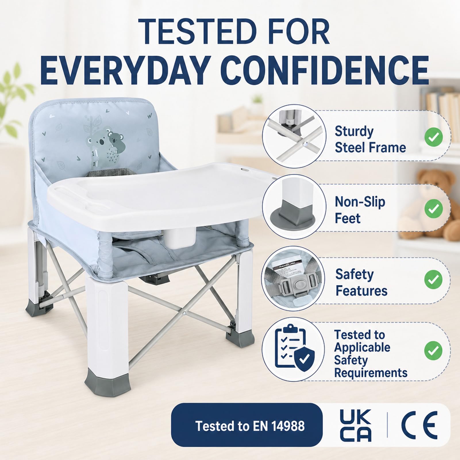 Bebamour Silla alta de exterior plegable Asiento para niño con bandeja extraíble Asiento para niño con bolsa, Koala