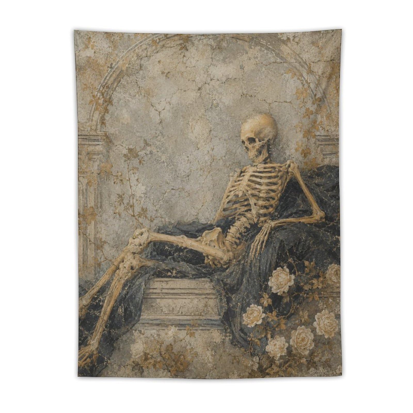 W7C8U2X3 Skeleton Reclining Wall Tapestry, Fantasy Illustration, Entryway