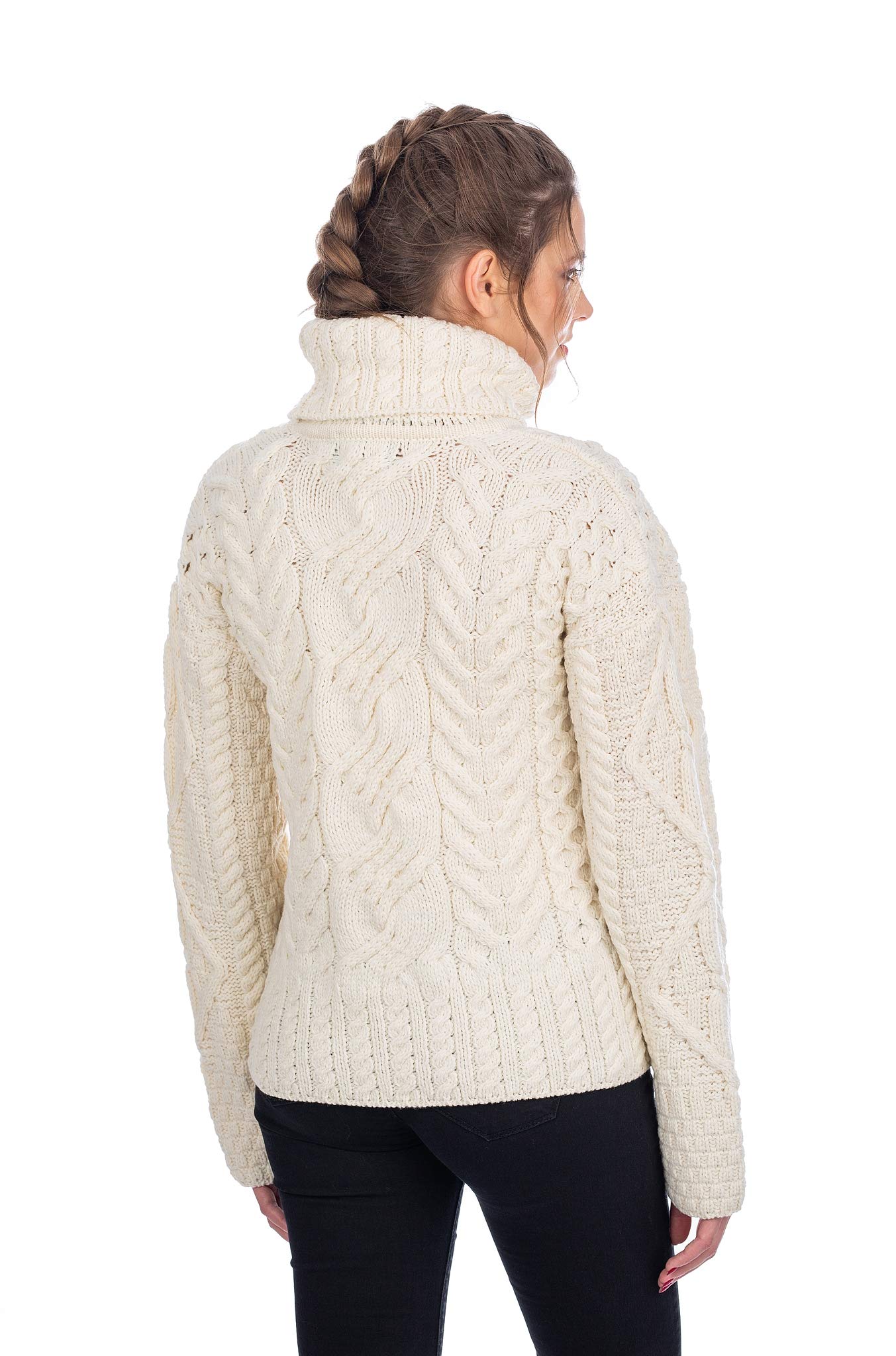 SAOL Aran The Maire - Maglione irlandese in 100% lana merino da donna, in natura/vela, colore: Blu/Connemmara verde
