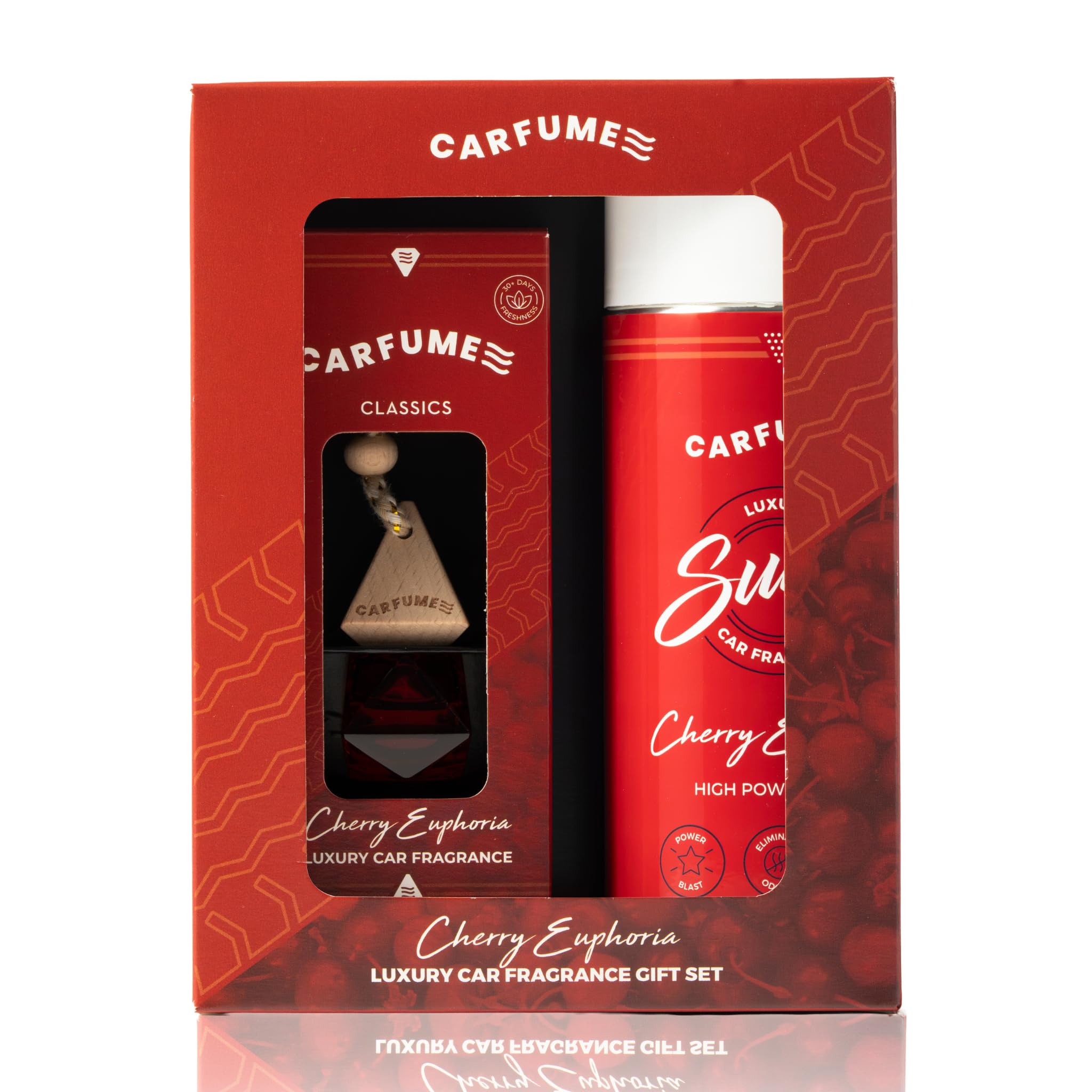 Carfume Cherry Euphoria Car Air Freshener Gift Set | Classic Collection | Premium Ripe Cherries & Rich Fruit Fragrance - Hanging Diffuser & Surge Can - Luxury Red Unisex Car Accessory Gift