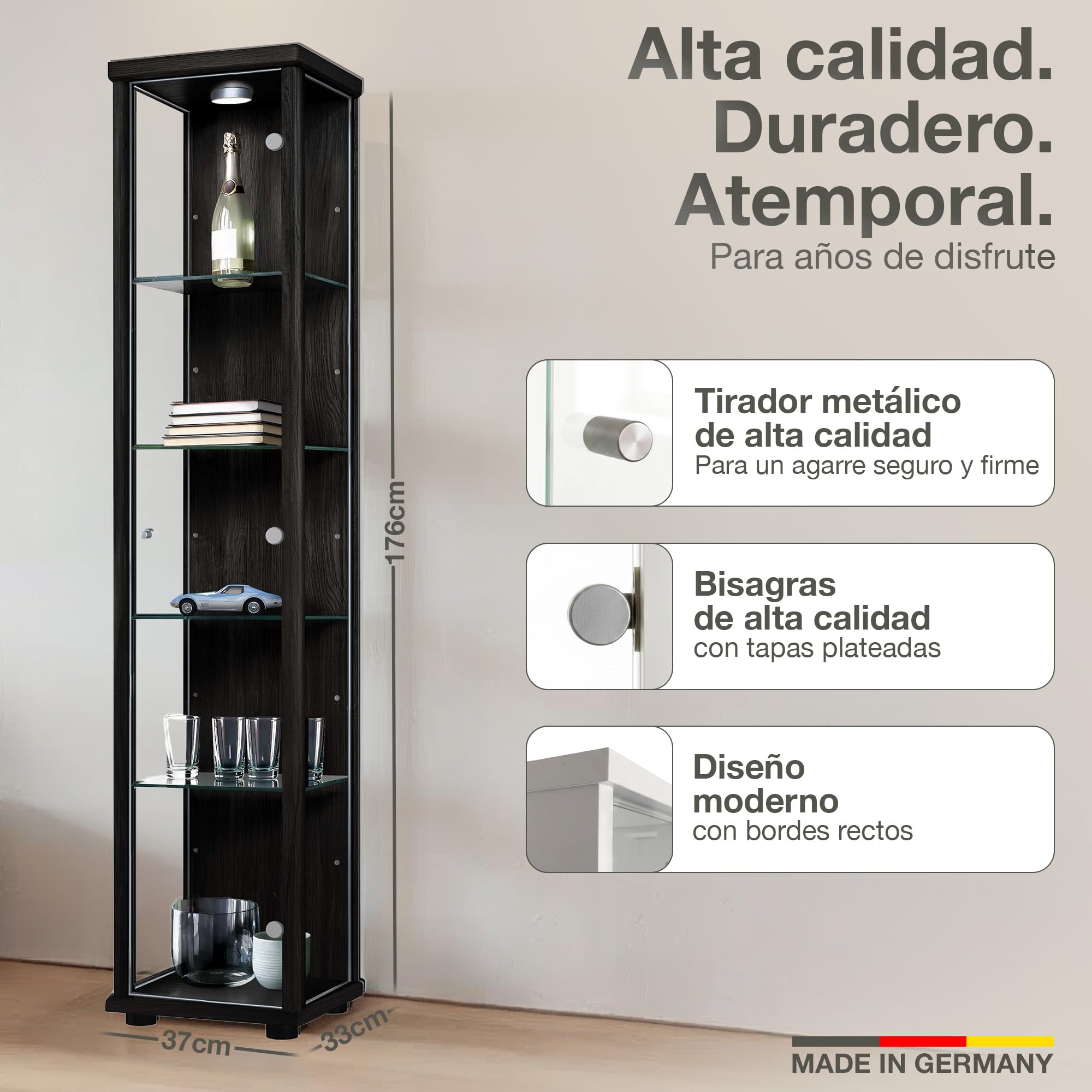 Vitrina de Cristal en Negro (176x37x33 cm) con 4 estantes de Cristal Regulables en Altura,LED - Vitrina para maquetas de Coches Negro - Vitrina de exposición